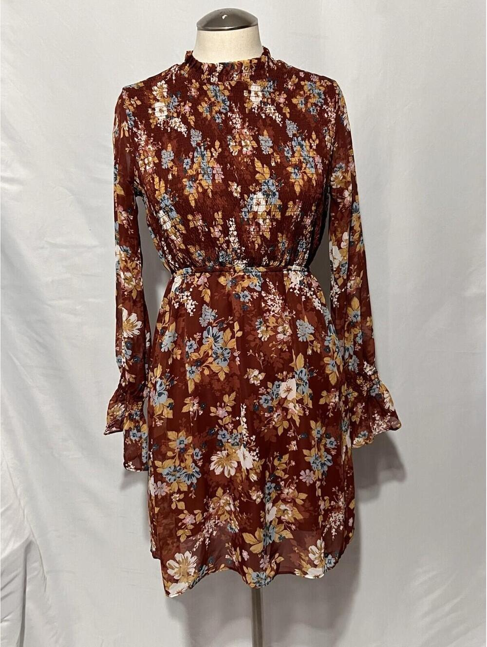 Pink Rose Women’s Small Longsleeve Dress Brown Floral